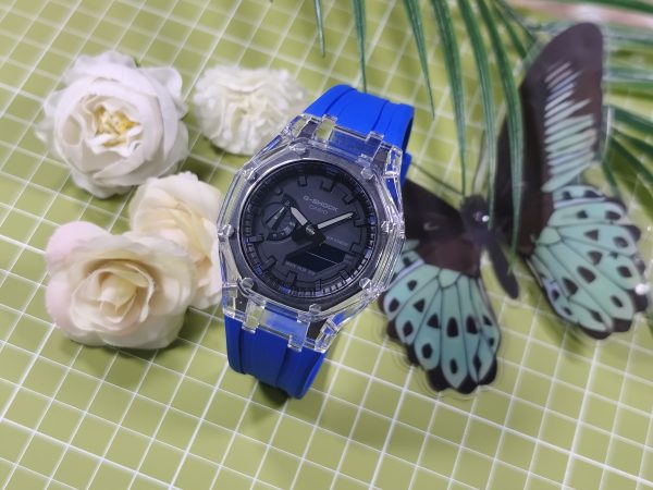 Кастомные часы Casio G-Shock GA-2100 — синий каучуковый ремешок и прозрачный корпус — фото 8