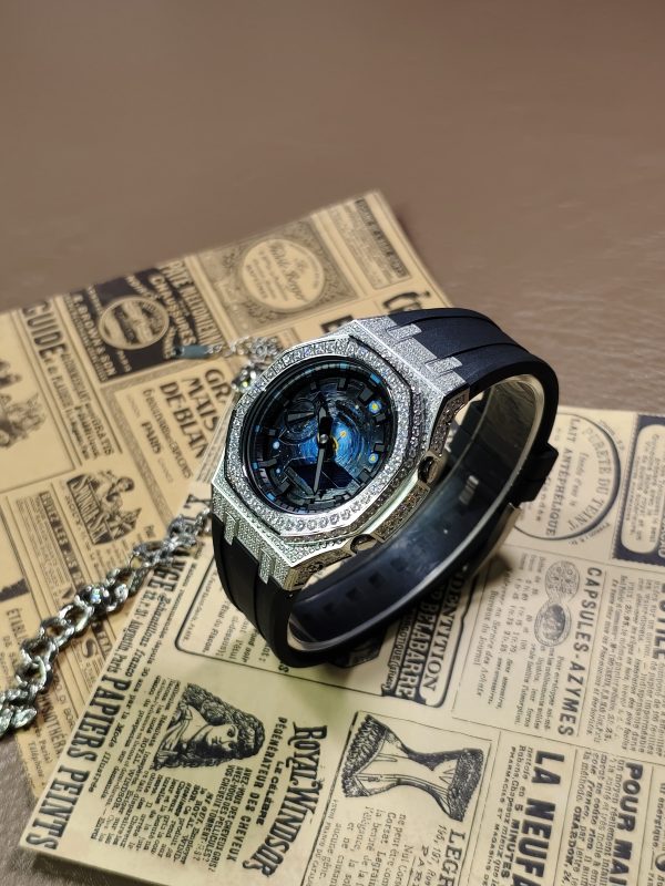 Кастомные часы Casio G-Shock GA-2100 — чёрный каучуковый ремешок и серебристый безель с кристаллами — фото 7