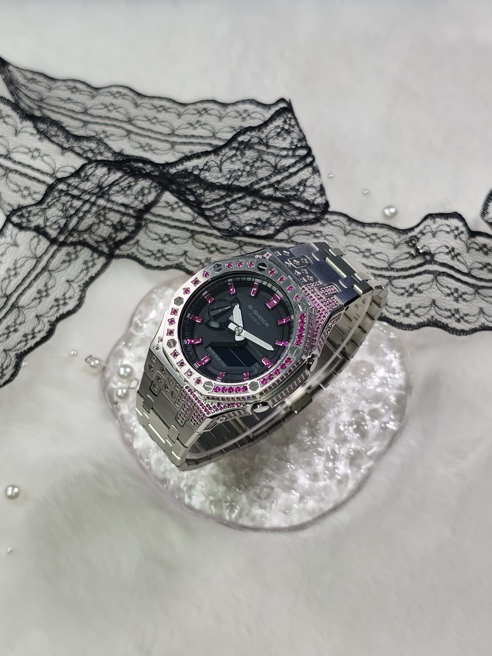 Кастомные часы CASIO GA2100 | Мод | CasiOAK Custom Кастомные часы Casio G-Shock GA-2100 — чёрный каучуковый ремешок и серебристый безель с кристаллами