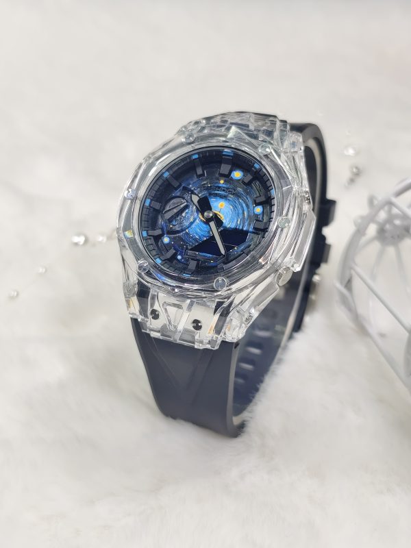 Кастомные часы Casio G-Shock GA-2100 — чёрный каучуковый ремешок и серебристый безель с кристаллами — фото 2