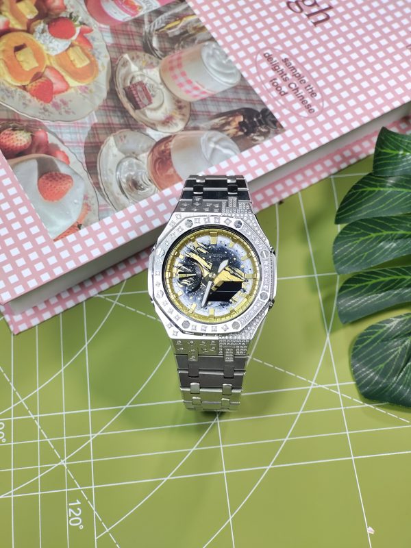 Кастомные часы Casio G-Shock GA-2100 — серебристый стальной браслет и безель с кристаллами — фото 1