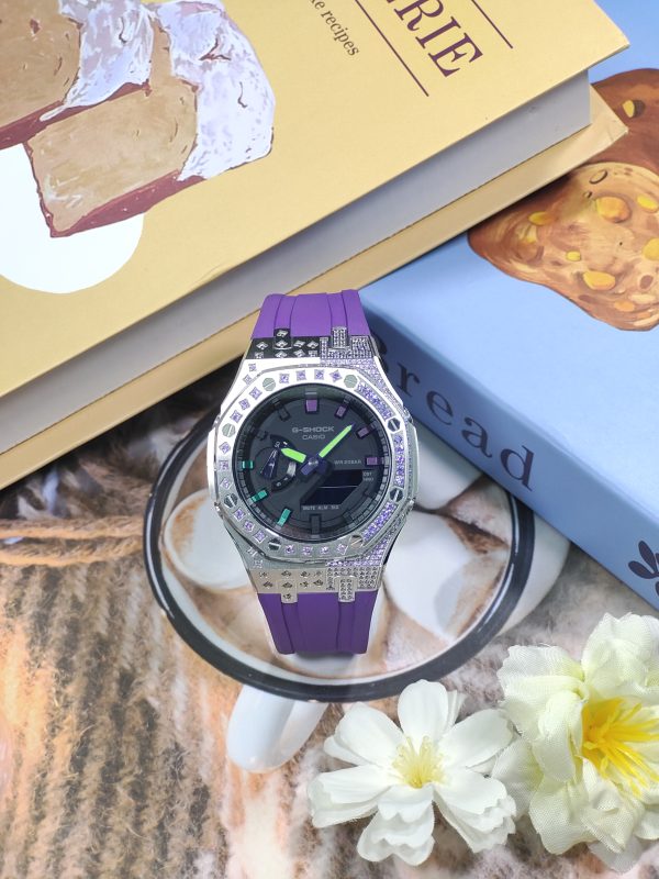 Кастомные часы Casio G-Shock GA-2100 — Фиолетовый циферблат и Бриллиантовые акценты — фото 6