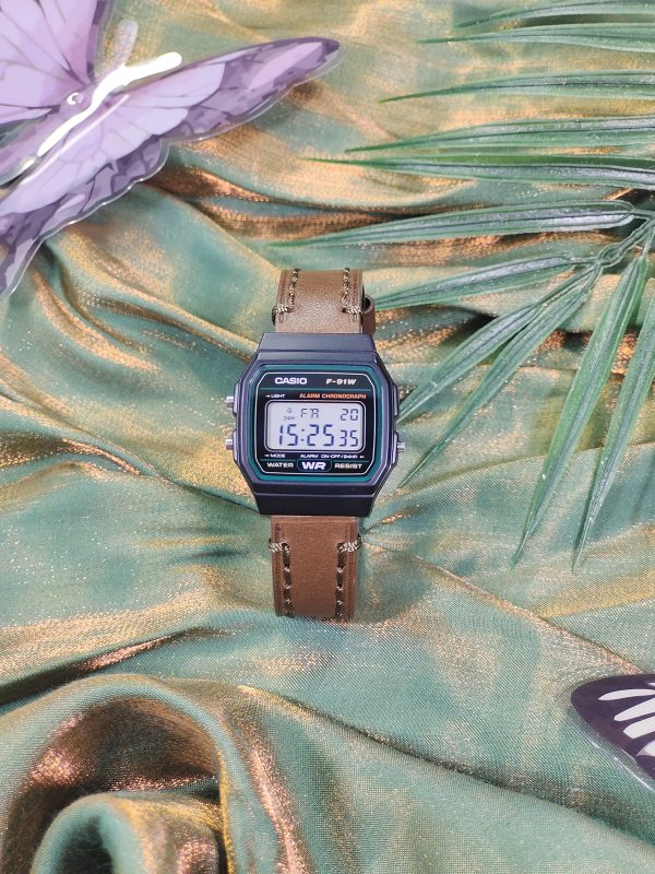 Кастомные часы Casio F-91W — Кожаный ремешок и Чёрное кольцо — фото 2