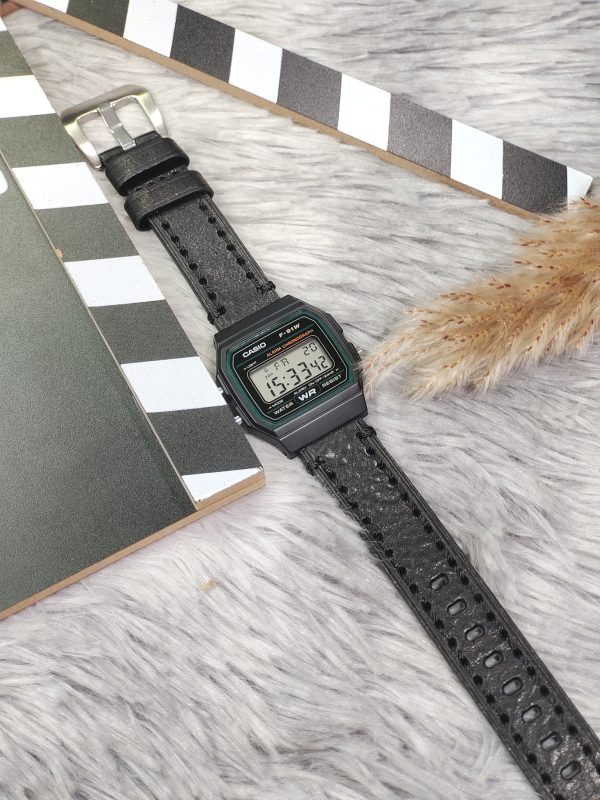 Кастомные часы Casio F-91W — Кожаный ремешок и Чёрное кольцо — фото 4