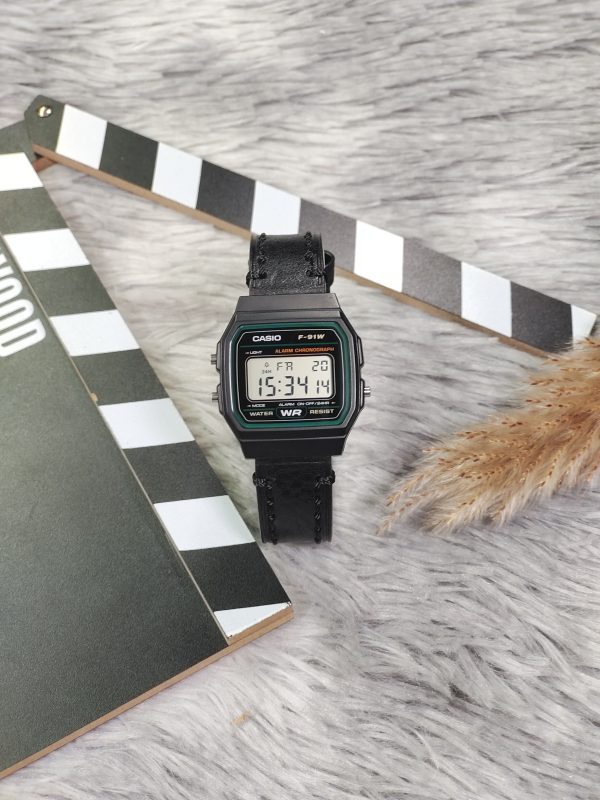 Кастомные часы Casio F-91W — Кожаный ремешок и Чёрное кольцо — фото 5