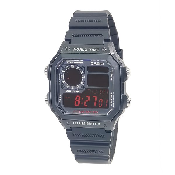 Кастомные часы Casio AE-1200 с серо-чёрным корпусом, чёрным ремешком и красным цифровым дисплеем